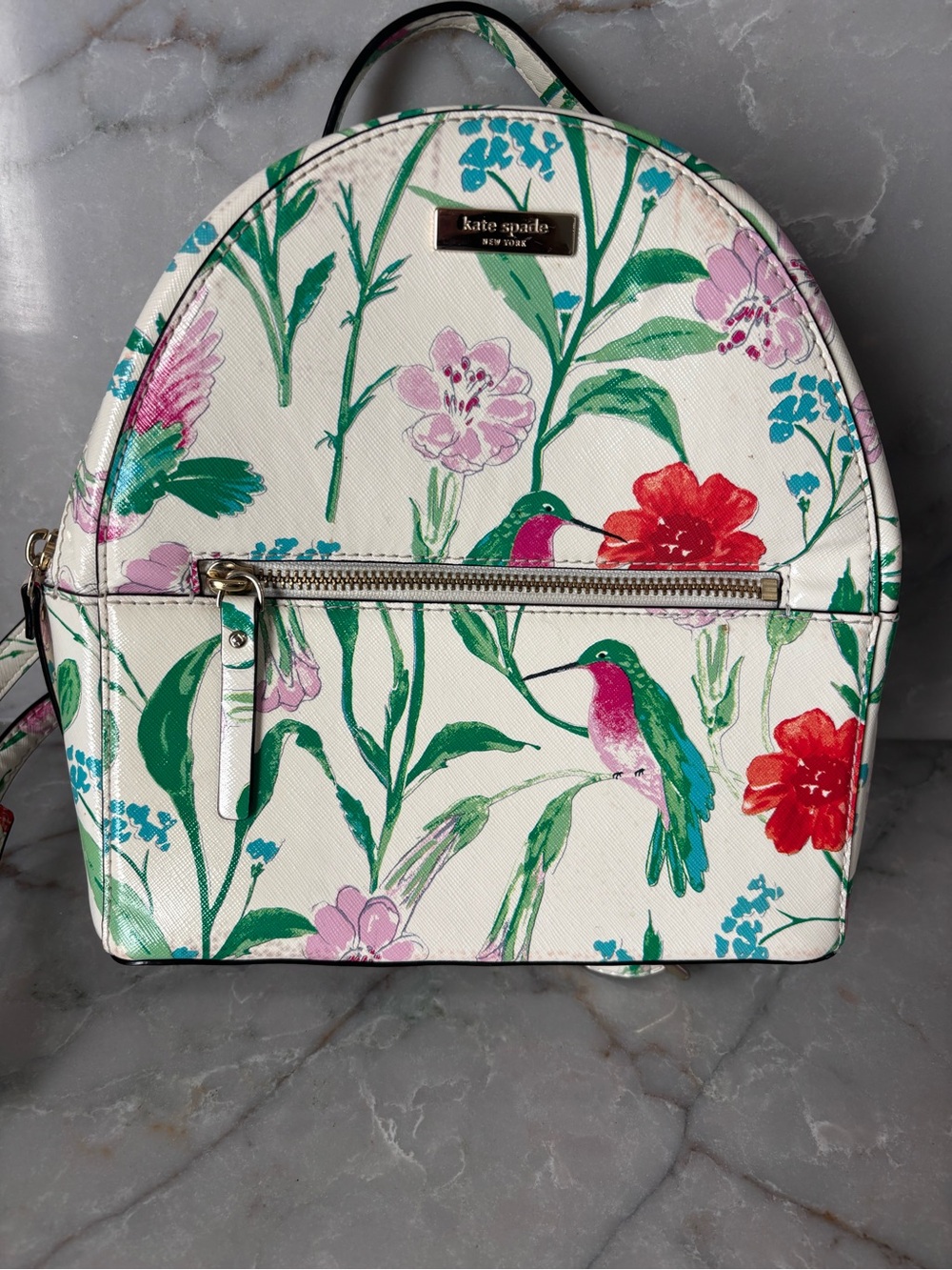 kate spade Floral Hummingbird Dome Backpack in White, Green, Pink, Red